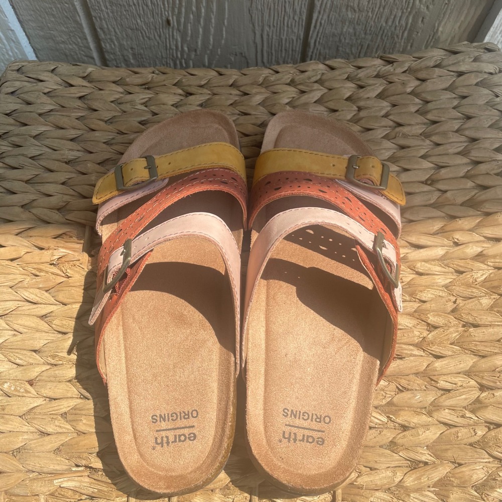 Earth Origins Sandal Women 8W Multi Color Leather Slide Buckle Cork Footbed Boho